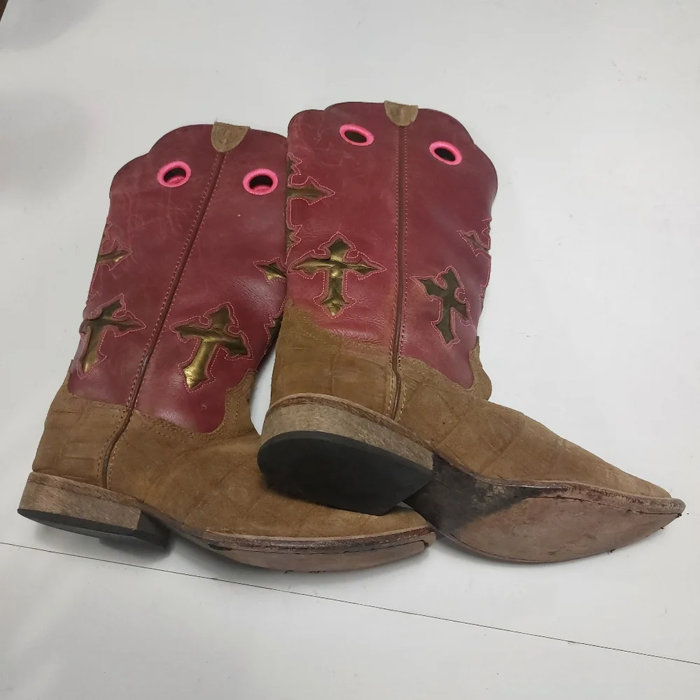 ARIAT Girls Pink and Brown Leather Slip-on Boots Size 3
